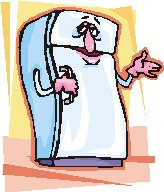 cartoon fridge with arms and face