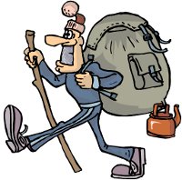 cartoon man carrying huge backpack and stick