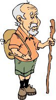 elderly man with backpack and walking stick