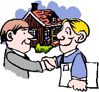 two men, one holding documents, shaking hands with a house in the background