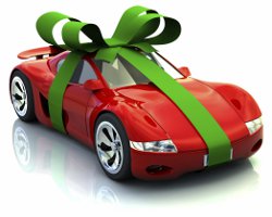 red sports car tied with bow