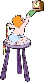 baby on top of stool reaching for a high object