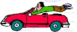 cartoon of man hanging on to steering wheel with legs flying through air