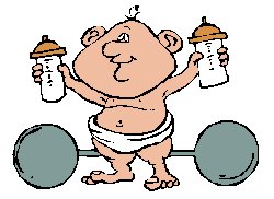 cartoon baby in nappy, holding two bottles of milk