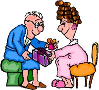 elderly lady and gentleman in the nightwear exchanging gifts