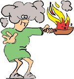 a lady holding a frying pan which is on fire