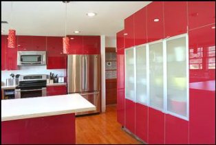 red glossy kitchen units