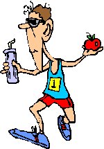 man jogging holding bottle of water and piece of fruit