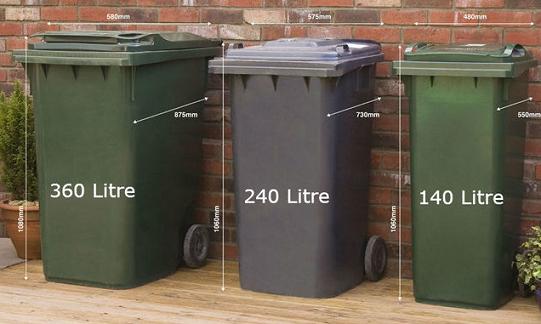 three different size wheelie bins